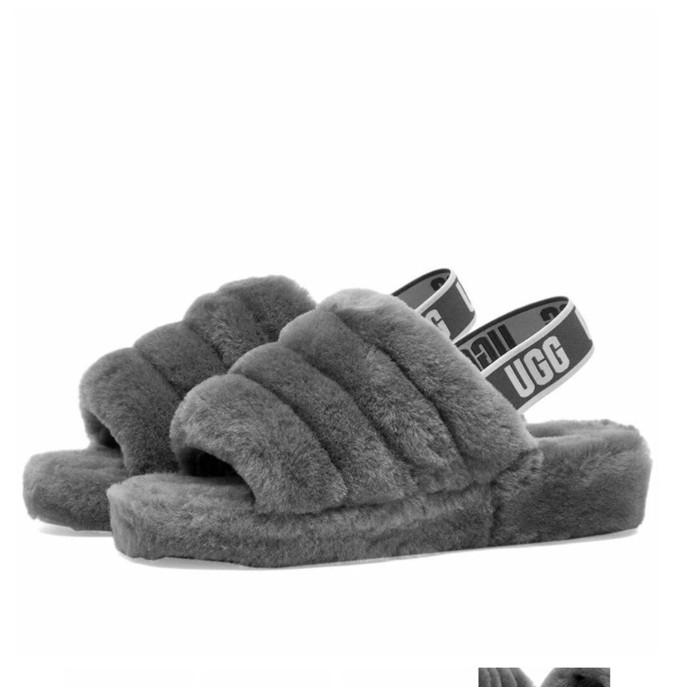 UGG Gray Fluffy Slippers Size 4- Big Girl